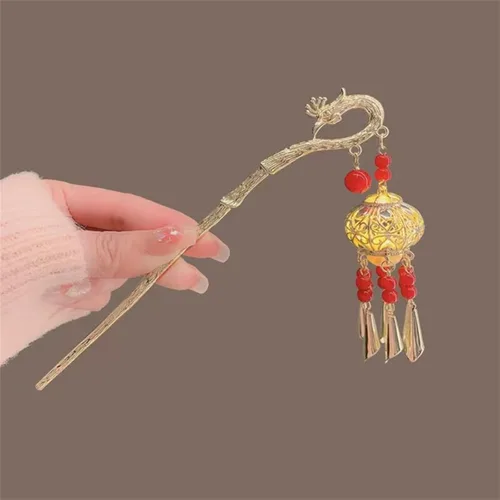Vista 9 de Gancho de pelo con luz de linterna Bincout Meerore, accesorio de pelo con borla enrollada, estilo antiguo, para mujer #04