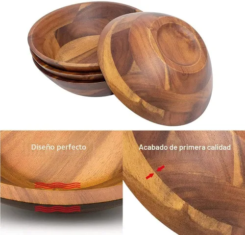Vista 6 de AIDEA Cuencos de madera de acacia, juego de 4 de 7 pulgadas para ensalada, sopa, fideos y más