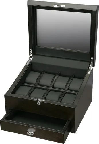 Vista 3 de Volta Caja de reloj marrón rústico para 8 con 2 compartimentos y cajón para joyas, Marrón (Rustic Brown), Rústico