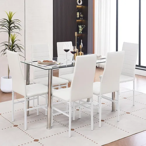 Vista 15 de Juego de mesa y silla de comedor de 7 piezas, juego de mesa de comedor para 6 mesas de cocina con 6 sillas, mesa rectangular de vidrio con 6 sillas