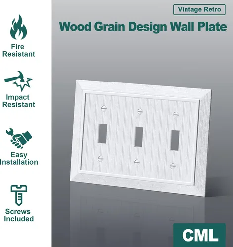 Vista 2 de CML - Placa de pared clásica con triple interruptor de palanca, cubierta de salida de 3 bandas, paquete de 2, placa de pared con diseño de grano