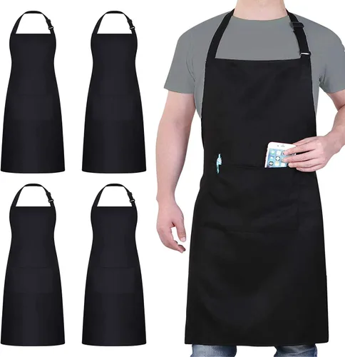 Vista 10 de Paquete de 4 delantales ajustables, delantal negro con 2 bolsillos, delantal lavable a máquina perfecto para cocinar, asar a la parrilla, lavar