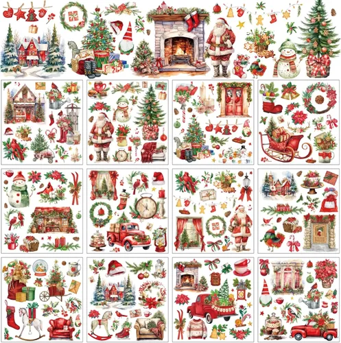 Vista 10 de BBTO 12 hojas de transferencia de Navidad para manualidades y muebles, calcomanías de transferencia de Navidad, calcomanías de invierno para madera