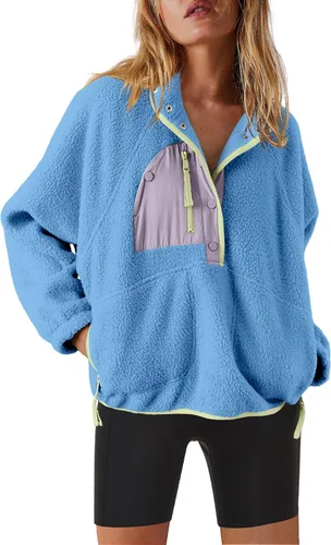 Vista 33 de Nirovien - Chaqueta de forro polar con capucha para mujer, manga larga, sherpa, sudadera mullida, abrigada, con botones y bolsillos Un rosa