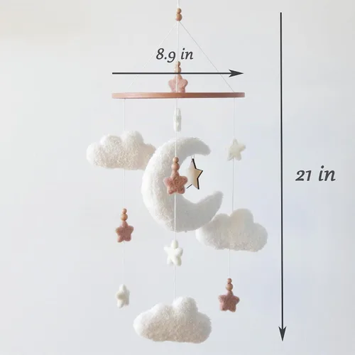 Vista 2 de Móvil para cuna Cloud para niñas y niños, Boucle Cloud Baby Mobile para cuna Neutral Boho Nursery Mobile, estrellas y luna Marrón (Coffee 3)