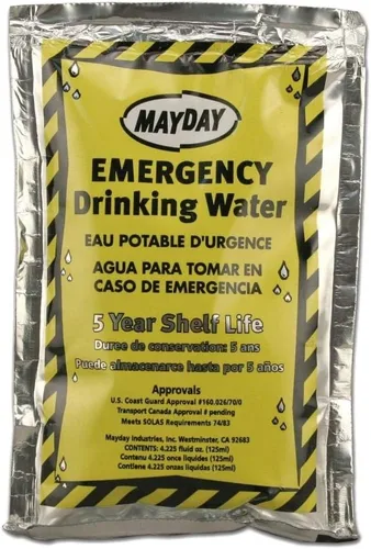 Vista 4 de Mayday, caja con bolsas de agua para emergencia (100 unidades). Preparación para casos de emergencia, supervivencia y viajes con mochila a cuestas.