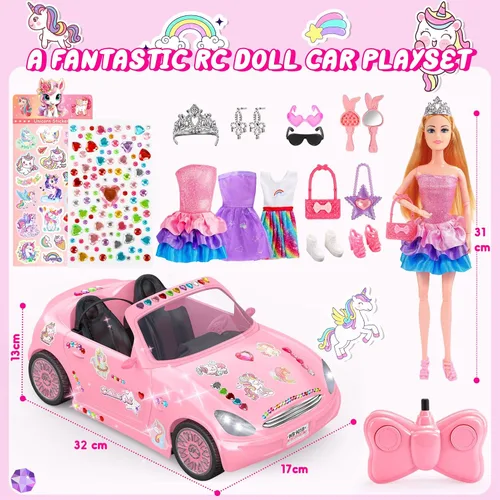 Vista 4 de Conjunto de coche y muñeca RC rosa, baterías recargables juguetes