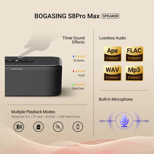 Vista 5 de BOGASING S8 Pro Max Altavoz Bluetooth, audio de 3 canales con sonido estéreo realista y graves intensos, ecualizador, tecnología DSP, tarjeta TF