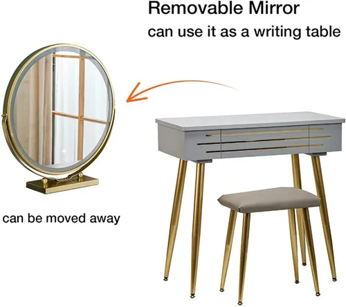 Vista 5 de Juego de mesa de maquillaje, mesa de tocador con pantalla táctil de 3 modos, espejo iluminado ajustable y taburete acolchado, cajón deslizante