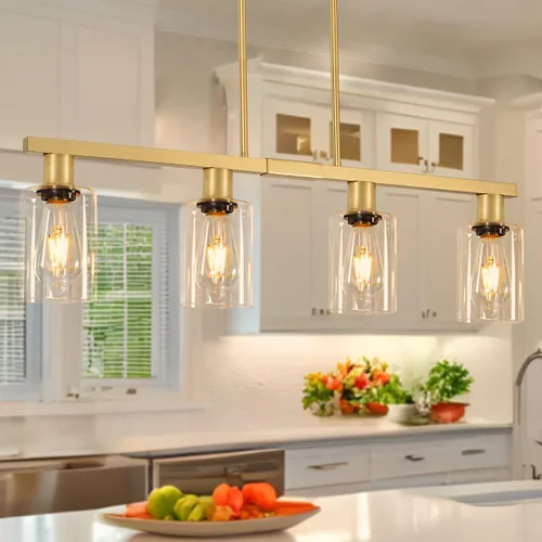 Vista 13 de Iluminación de isla de cocina de 4 luces, lámpara cromada para comedor, luz de isla para colgar sobre la mesa para candelabros lineales de granja