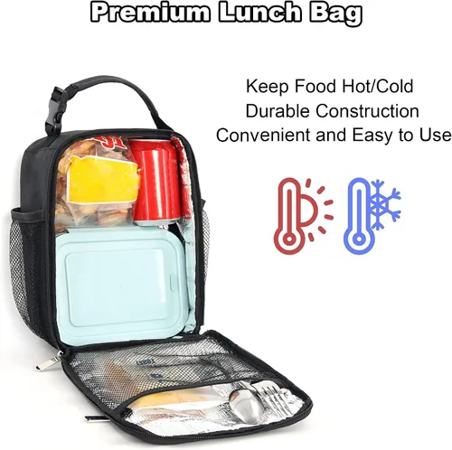 Vista 4 de Femuar Bolsa de almuerzo para hombres, mujeres y adultos, pequeña para oficina, trabajo, picnic, bolsa de almuerzo portátil reutilizable, color negro