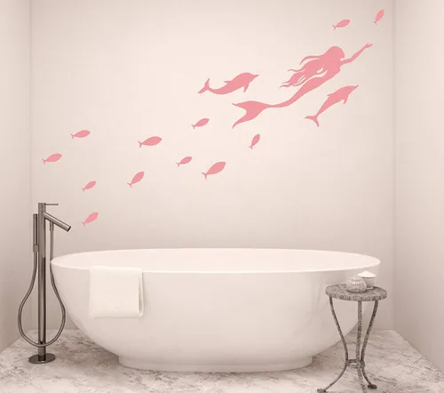 Vista 2 de Calcomanías de pared de sirena, calcomanías de pared de peces, calcomanía de delfín náutico del océano marino, calcomanía de vinilo para baño
