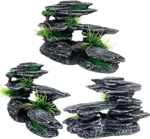 Vista 5 de Adorno de piedra para acuario con vista a la montaña, árbol de cueva de roca, decoración de acuario para peceras para peceras pequeñas, 7.5 pulgadas