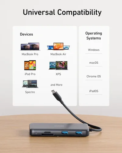 Vista 7 de Anker 555 Hub USB-C (8 en 1), con suministro de energía de 85W, puerto HDMI 4K 60Hz, USB C de 10Gbps y 2 puertos de datos A, lector de tarjetas