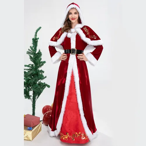 Vista 4 de Sinifer 4 piezas de lujo de Mrs. Santa Claus terciopelo con capucha para mujer