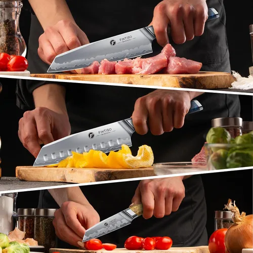 Vista 3 de Juego de cuchillos de cocina de 3 piezas, juego de cuchillos de chef japoneses con núcleo de acero en polvo S35VN, mango de resina y madera, juego