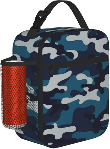Vista 18 de Lonchera de camuflaje de camuflaje blanco y negro para adolescentes, niñas, niños, hombres y mujeres, bolsa de almuerzo portátil, lonchera aislada