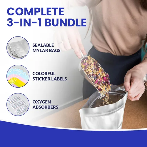 Vista 2 de 50 paquetes de bolsas de mylar de 14 mil con absorbentes de oxígeno, con refuerzo de 1 galón con 500 cc de OA - Bolsas resellables de mylar para 50