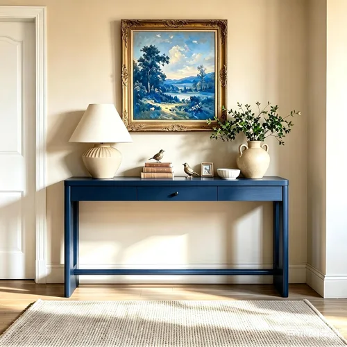 Vista 13 de JIVOIT Mesa consola rústica y elegante, mesa de consola rectangular de madera con cajones de almacenamiento y estante inferior para entrada Blanco