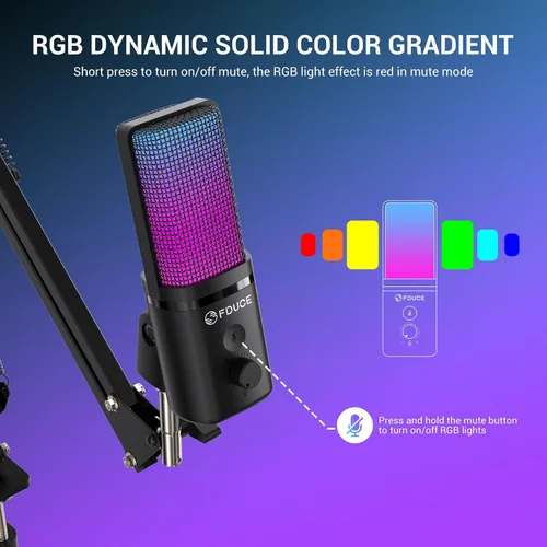 Vista 4 de FDUCE Micrófono USB para juegos RGB, micrófono condensador con silencio, ganancia, monitoreo, brazo de boom para transmisión, podcast, Twitch