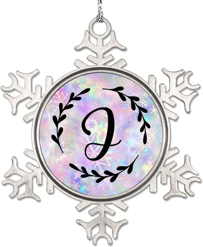 Vista 17 de Adorno de copo de nieve de letra A con inicial de copo de nieve, corona negra, adorno con monograma para decoración de árbol de Navidad, adornos