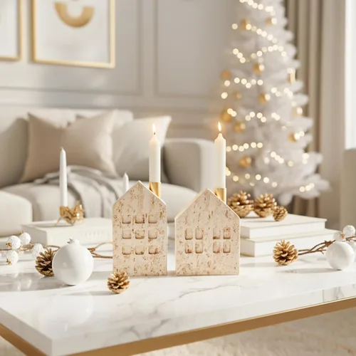 Vista 3 de DN DECONATION - Juego de 2 portavelas de Navidad, portavelas de casa with Metal Chimney for Taper Candles, Boho Travertine-Style Holiday Table