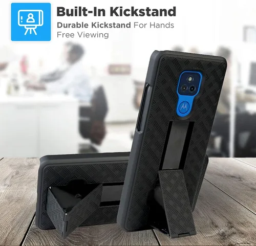 Vista 5 de Funda diseñada para Motorola G Play (2021) con funda de clip para cinturón, funda con función atril, color negro