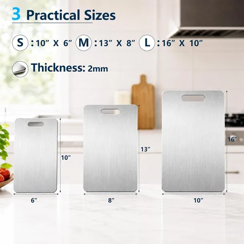 Vista 2 de Tabla de cortar, 3 piezas, tablas de cortar de acero inoxidable 304 de doble cara para cocina, aptas para lavavajillas, no tóxicas, tablas de cortar
