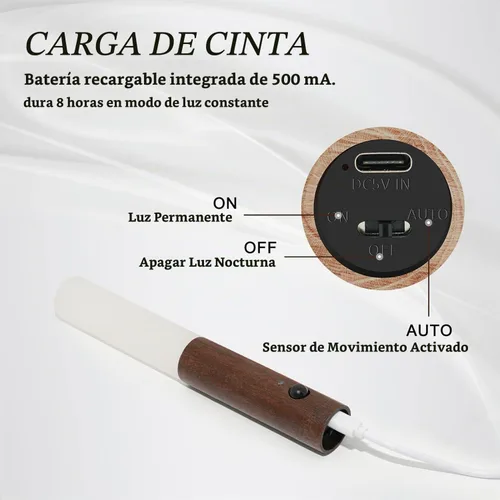 Vista 2 de Apliques de pared, luz nocturna inteligente con sensor portátil, luz nocturna magnética recargable por USB de madera para dormitorio, pasillo