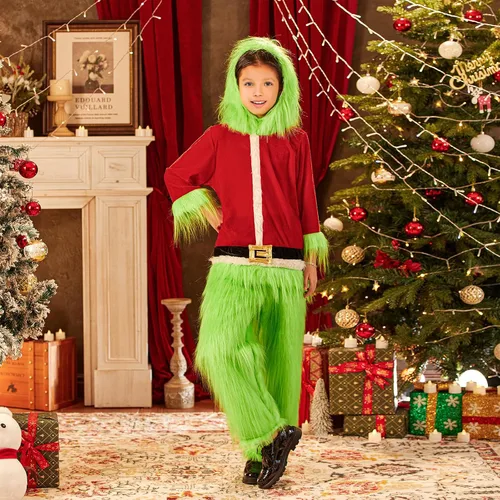 Vista 4 de Disfraz de Navidad para bebé, disfraz de Papá Noel, disfraz de monstruo peludo verde, mameluco de Navidad para cosplay