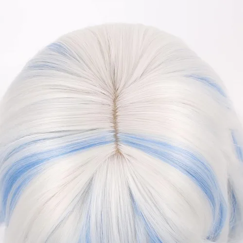 Vista 5 de Peluca de Focalors para cosplay, anime Genshin Impact, larga, rizada, blanco y azul, peluca de repuesto para mujeres y niñas, para fiestas
