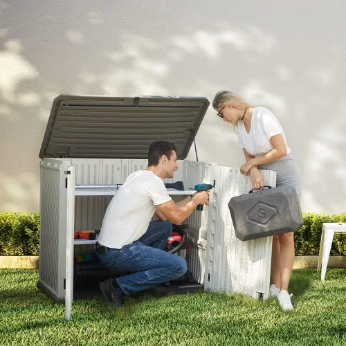 Vista 5 de Cobertizo de almacenamiento horizontal para jardines y patios, caja de almacenamiento de plástico impermeable, cobertizo pequeño de 26 pies cúbicos