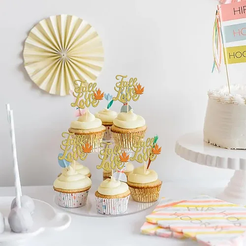 Vista 6 de Rsstarxi Paquete de 24 adornos para cupcakes con hojas de otoño, día de Acción de Gracias, palillos de dientes, despedida de soltera, decoración