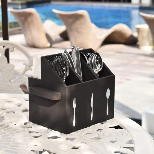 Vista 7 de Ikee Design - Organizador de utensilios de madera con asas Organizador de utensilios de madera para encimera, fiesta, camping y cocina, Negro
