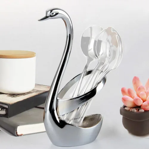 Vista 2 de Soporte de cuchara de café Swan, soporte creativo de cuchara de acero inoxidable, tenedor de comida de frutas, cuchara, cuchillo, base de cisne