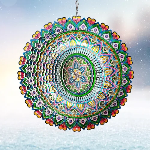 Vista 13 de Mandala Blossom Wind Spinner - Molinillos de Viento de Metal Escultura de Viento Colgante Cinética 3D de 12 pulgadas Cortada con Láser