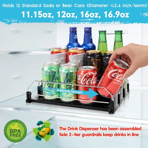 Vista 2 de Dispensador de bebidas para refrigerador, organizador de latas de soda autoempujable para refrigerador, 3 filas han sido montadas, organizador
