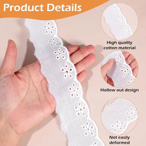 Vista 9 de Cinta de encaje de algodón blanco de 15 yardas, borde ondulado, bordados florales con volantes para coser vestidos, ropa, bolsas, muñecas, ropa