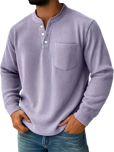 Vista 7 de Sudadera Henley para hombre, cuello en V a rayas, ajuste holgado, suéter de manga larga con bolsillos