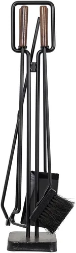 Vista 6 de Modern Ember Levi - Juego de herramientas para chimenea de 5 piezas en latón envejecido con asas de madera de nogal, incluye cepillo, pala, póquer