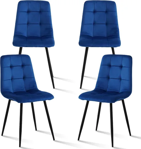 Vista 10 de Juego de 4 sillas de comedor de pana, modernas sillas de cocina tapizadas de tela con patas de metal, almohadillas ajustables, color azul