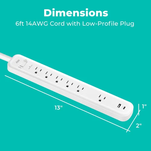 Vista 3 de KMC Regleta de alimentación con protector de sobretensiones de 6 tomas, 1 puerto USB-A y 1 puerto USB-C, protectores de sobretensiones