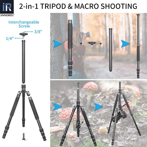 Vista 3 de INNOREL RT45A - Trípode para cámara profesional 6061, aleación de aluminio, compacto, portátil, trípode fotográfico, monopie para cámara réflex
