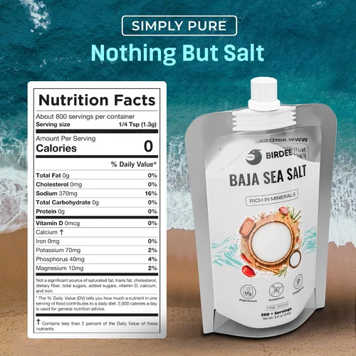 Vista 2 de Birdee Baja Mineral - Sal marina de grano fino, 8.8 onzas, bolsa de boquilla con tapa giratoria, sin refinar, sin yodar, sal marina mineral reducida