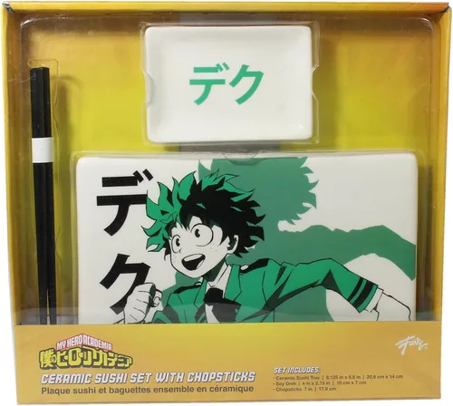 Vista 2 de Stunned Mind My Hero Academia Deku - Juego de platos de sushi, plato de salsa de soja y palillos