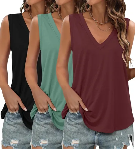 Vista 2 de KKJ Paquete de 3 camisetas sin mangas para mujer 2026 primavera verano vacaciones trajes cuello en V suelta sin mangas blusa casual camisas ropa