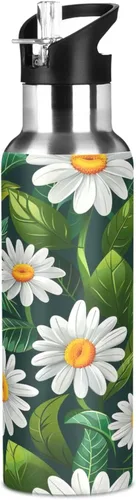 Vista 8 de BPA-Free Sports Water Bottle 32 Oz, Insulated Stainless Steel Water Bottle with Straw for Gym Outdoor Travel School, White Daisy Flowers Green Leaves
