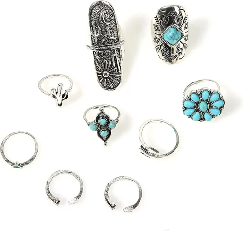 Vista 9 de Juego de anillos bohemios de turquesa para mujer, anillos apilables vintage para nudillos, anillos ovalados con piedras preciosas de piedra gruesa