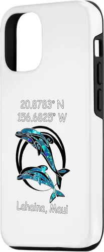 Vista 2 de Funda para iPhone 14 Longitud y Latitud de Lahaina Maui Tribal Dolphins