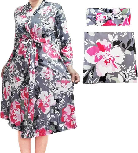Vista 21 de SUFEINI Conjunto de Bata de Maternidad y Manta Envolvente para Bebé a Juego, Bata de Mamá con Manta Receptora Ropa de Dormir para Niñas y Niños